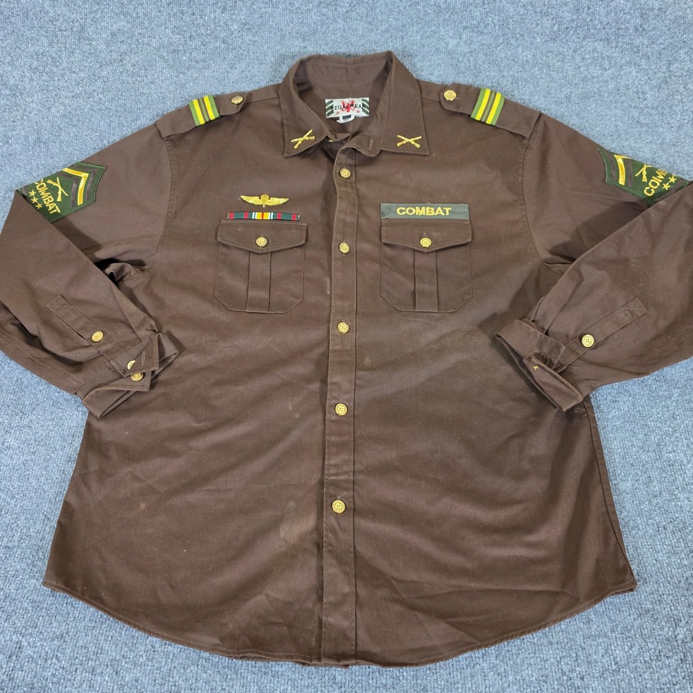 Regal Wear Mens XL Brown Military Combat Patched Button Up Shirt Long Sleeve